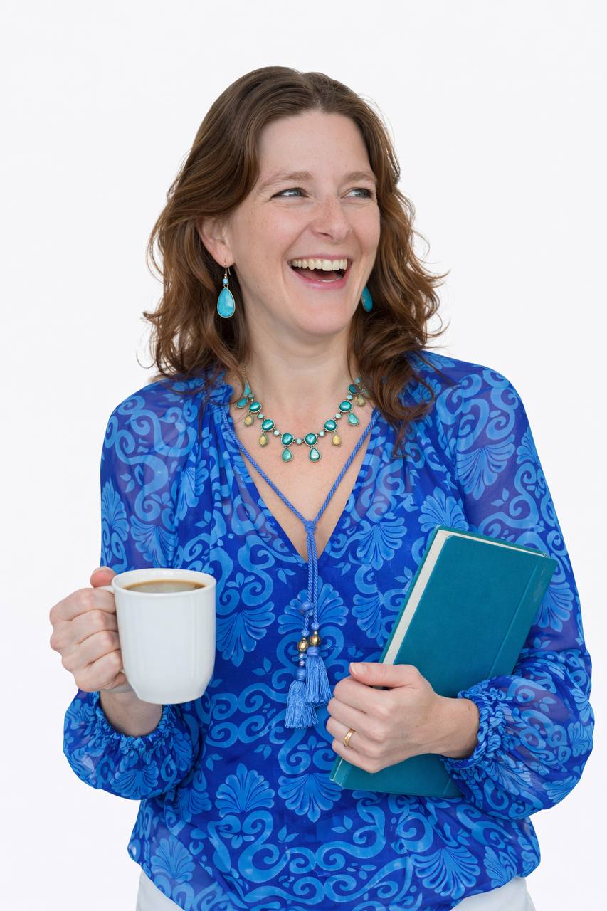 Jenna Bannister with coffee and book